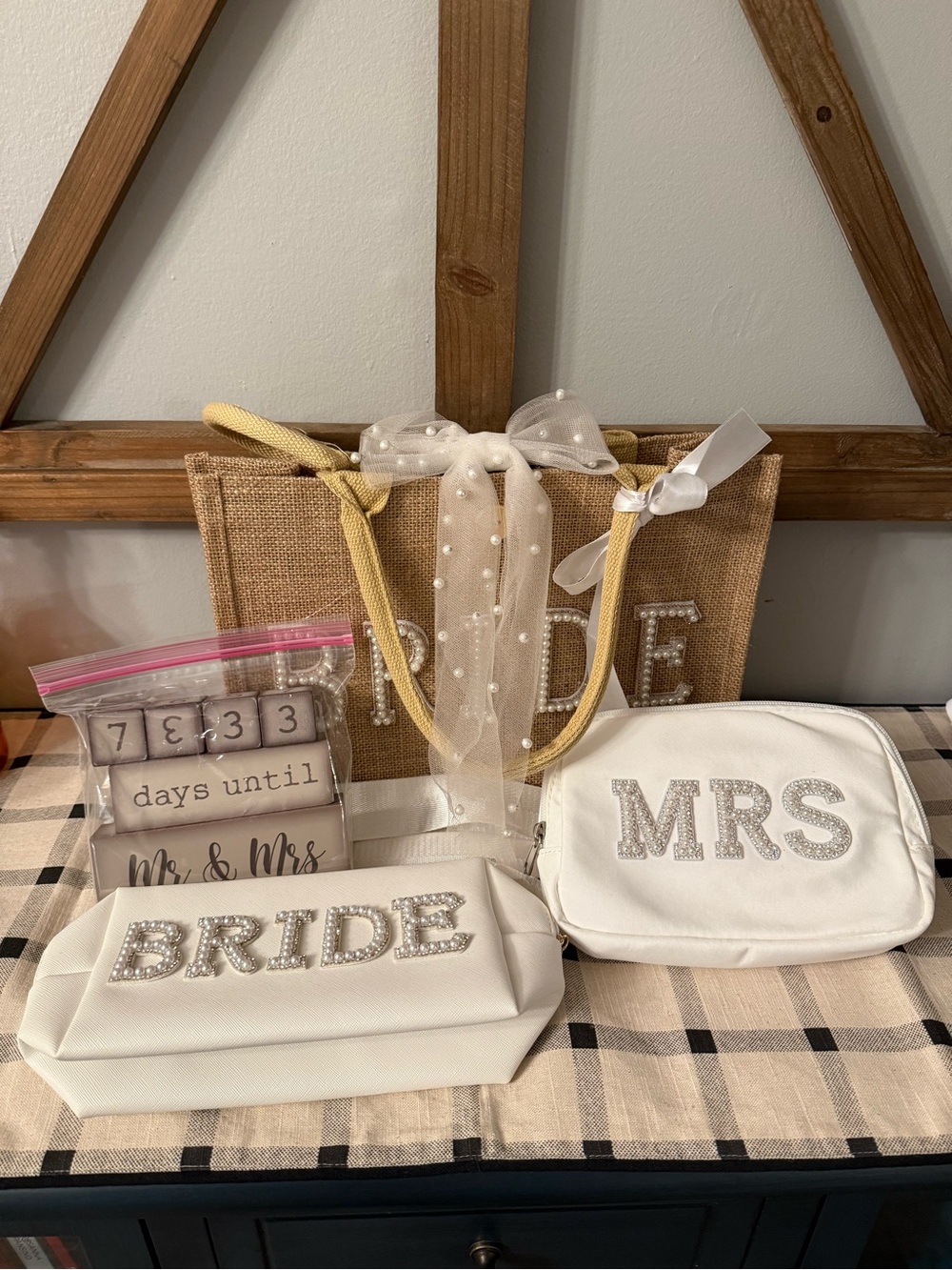 Bride and Mrs. Pearl-Embellished White Bridal Pouch & Jute Tote Set